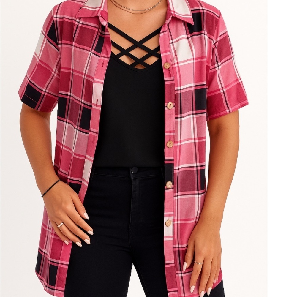 SHEIN Classic Plaid Kids Button-Down Shirt in Red and Black